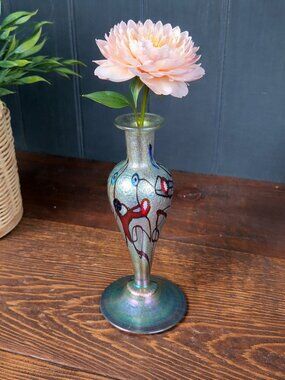 Tiny Vintage Iridescent Art Glass Bud Vase - Tiffany Favrile Style Bohemian Art